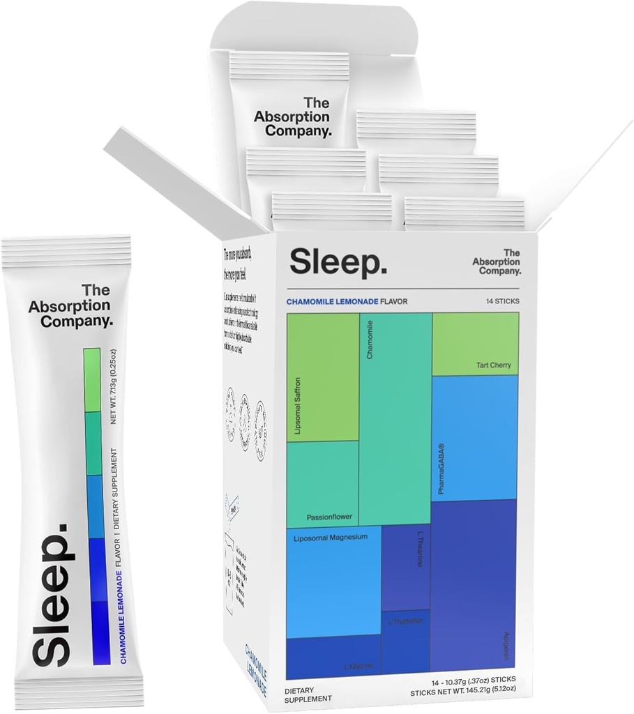 Søvnhjælp pulver - Calming drink til dyb søvn med liposomal safran, Magnesium & PharmaGABA Melatonin- Gratis naturligt supplement til at reducere stress og forbedre søvnkvalitet kamille Lemonade 14 sticks