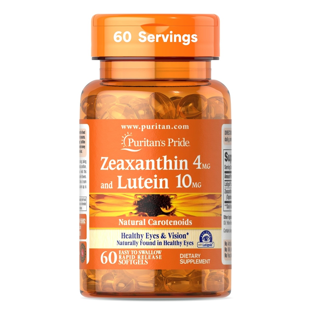 Puritans Pride Zeaxanthin 4mg med Lutigold ™ Lutein 10mg carotenoider, Kosttilskud til sunde øjne og syn, 60 Easy- to- Swallow Rapid Release Softels