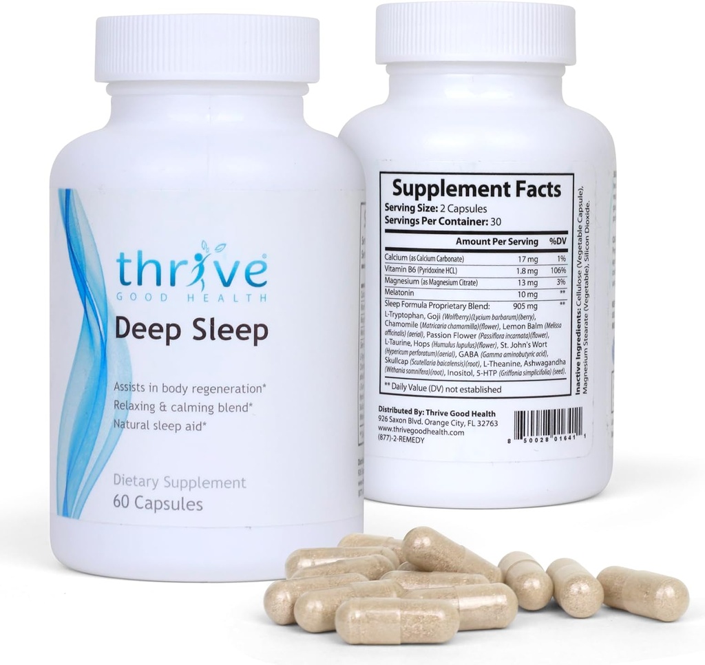 Thrive Good Deep Sleep - Sleep Supplement med calciumcarbonat, vitamin B6, Magnesium - Sleep Aid Formel med Melatonin, L- Tryptophan, 5-HTP, Inositol, Natural Plant Extracts - 60 Veggie Capsules