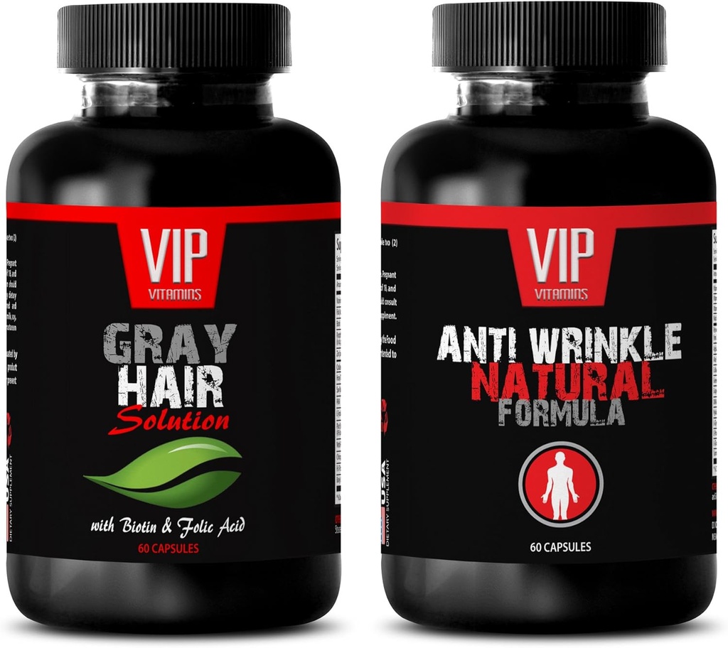 Anti- Aging Essential - Gray Hair Solution - Anti Wrinkle Formel - Saw Palmetto Natural - 2 flasker (60 kapsler + 60 kapsler)