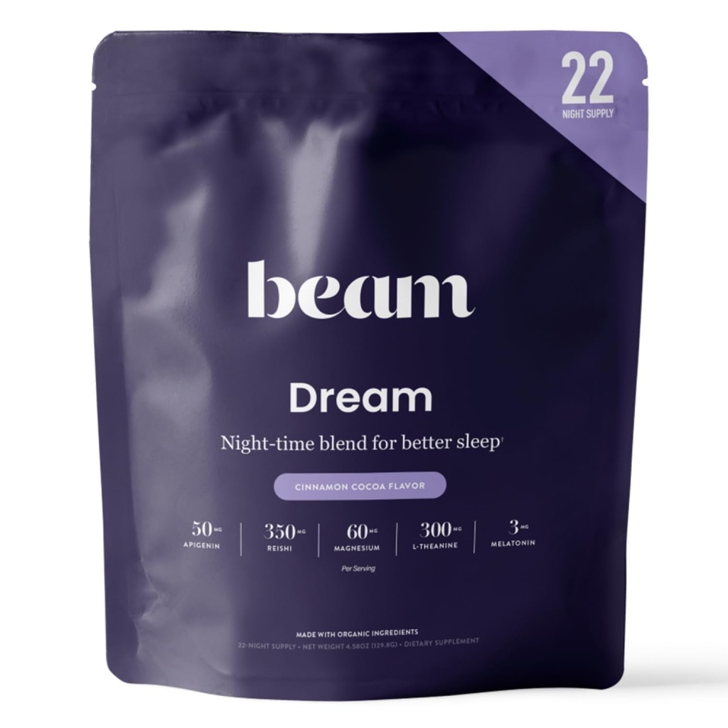 Beam Dream Sleep Powder, L- Theanin, Apigenin, Reishi og Magnesium, Tredjeparts testet Natural Sleep Aid & Sleep Supplement for Deep Sleep, Afslapning og Inddrivelse, Natural Sleep Support, 22 Serveringer