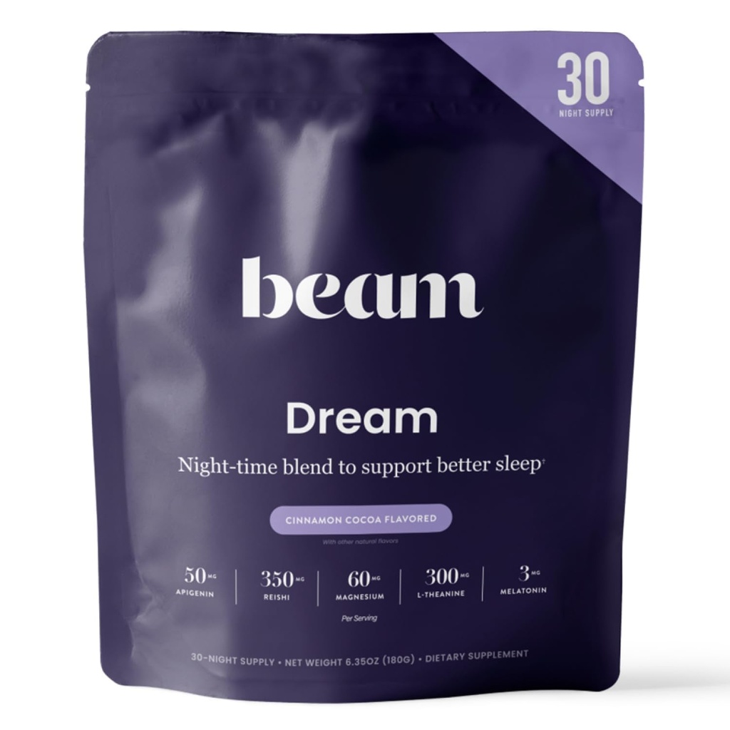 Beam Dream Sleep Powder, L- Theanin, Apigenin, Reishi og Magnesium, Tredjeparts testet Natural Sleep Aid & Sleep Supplement for Deep Sleep, Afslapning og Inddrivelse, Natural Sleep Support, 22 Serveringer