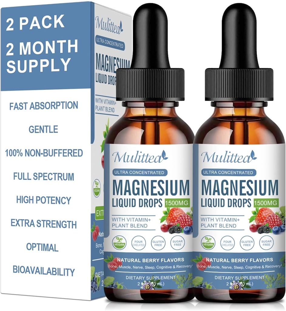 Magnesium Glycinate Liquid Drop - Triple Absorption Supplement til støtte nerver, nat, hjerte, muskler Metabolisme * -sukkerfri med kalium, L- Theanin, Sea Moss Vitamin B, C, D3, K2-2