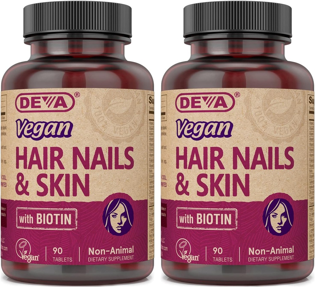 DEVA Vegan Vitamin Hår, Nails & Skin Supplement med 500 mcg Biotin per tablet 90 tabletter (pakke med 2)