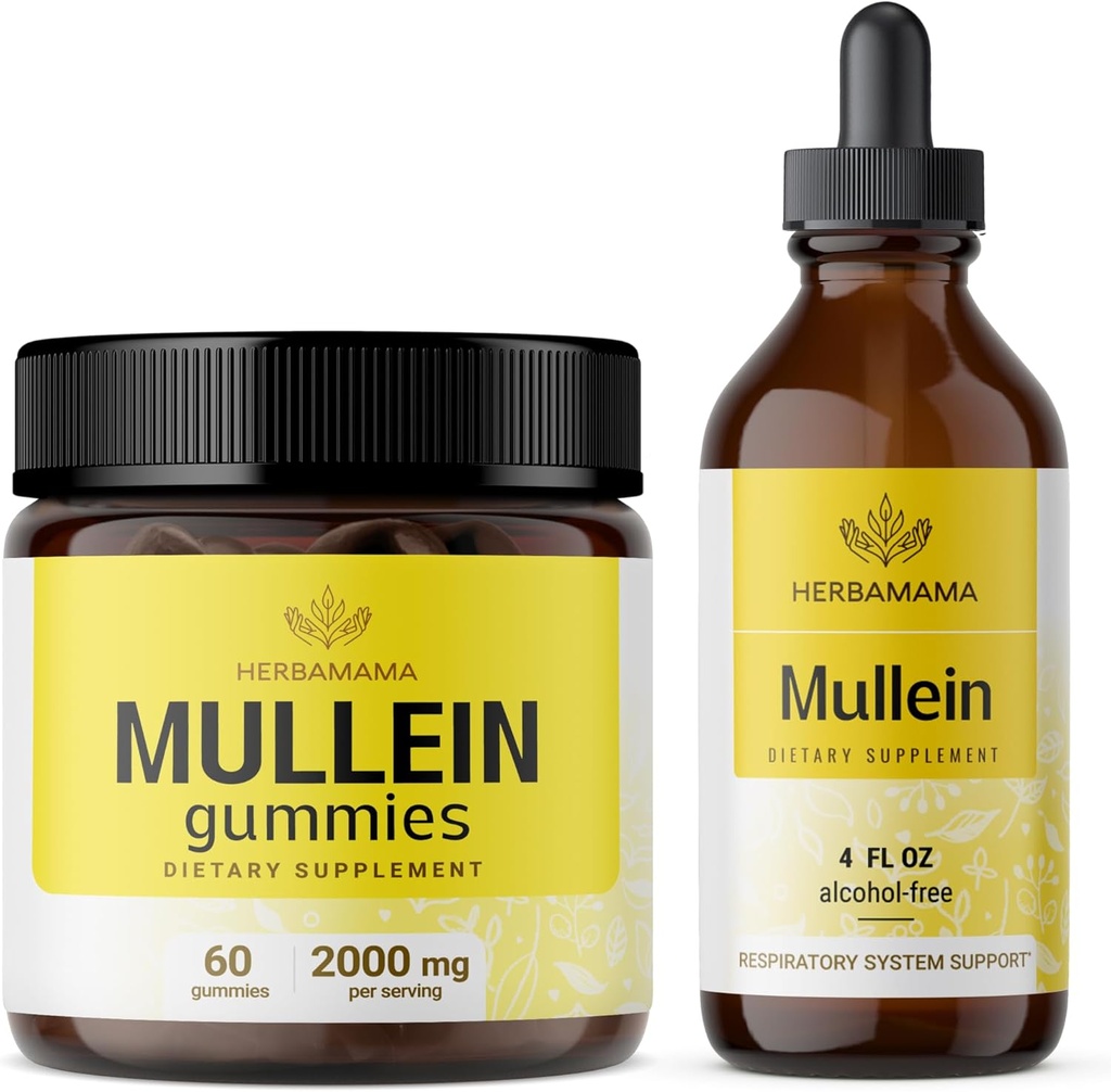 HERBAMAMA Mullein Leaf Extract Kit - Bundle of 2000 mg Mullein Leaf Gummies and Mullein Leaf Tincture 4 fl oz - Vegan, Non-GMO, Alcohol-Free - 2 Pack