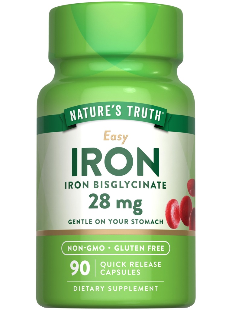Nature 's Truth Iron Supplement for Women & Mænds - 124; 28 mg - 124; 90 Kapsler - 124; Iron Bisglycinate - 124; Non- GMO, Gluten Free