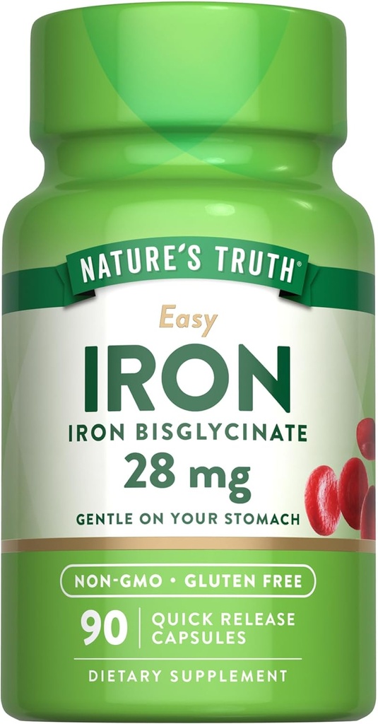 Nature's Truth Iron Supplement for Women & Men | 28 mg | 90 Capsules | Iron Bisglycinate | Non-GMO, Gluten Free