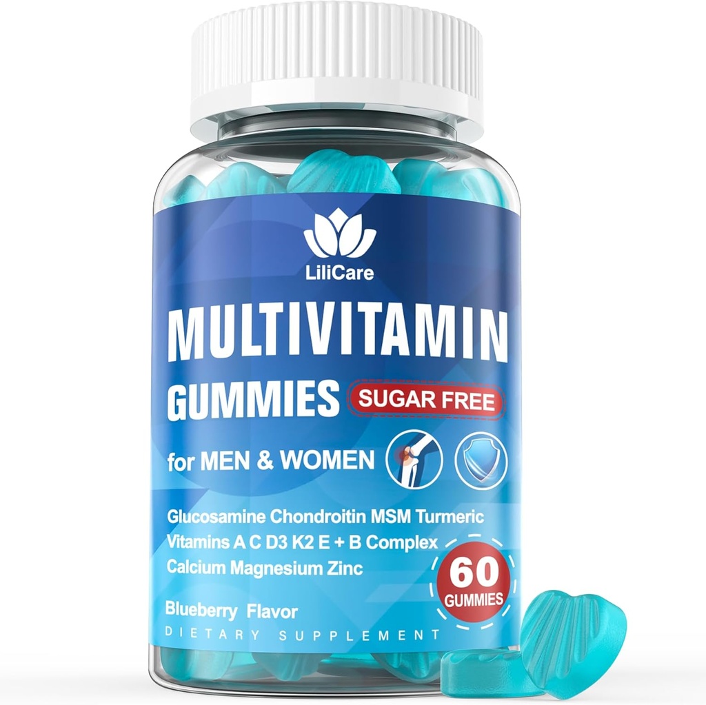 Mænds & Kvinders Sukker fri Methylerede Multivitamin 50 Plus med Glucosamin Chondroitin MSM, Jernfri Gummies for Senior med Multi Vitamin D3 K2 & A C E, B Complex - 60 Greve (Pack of 1)