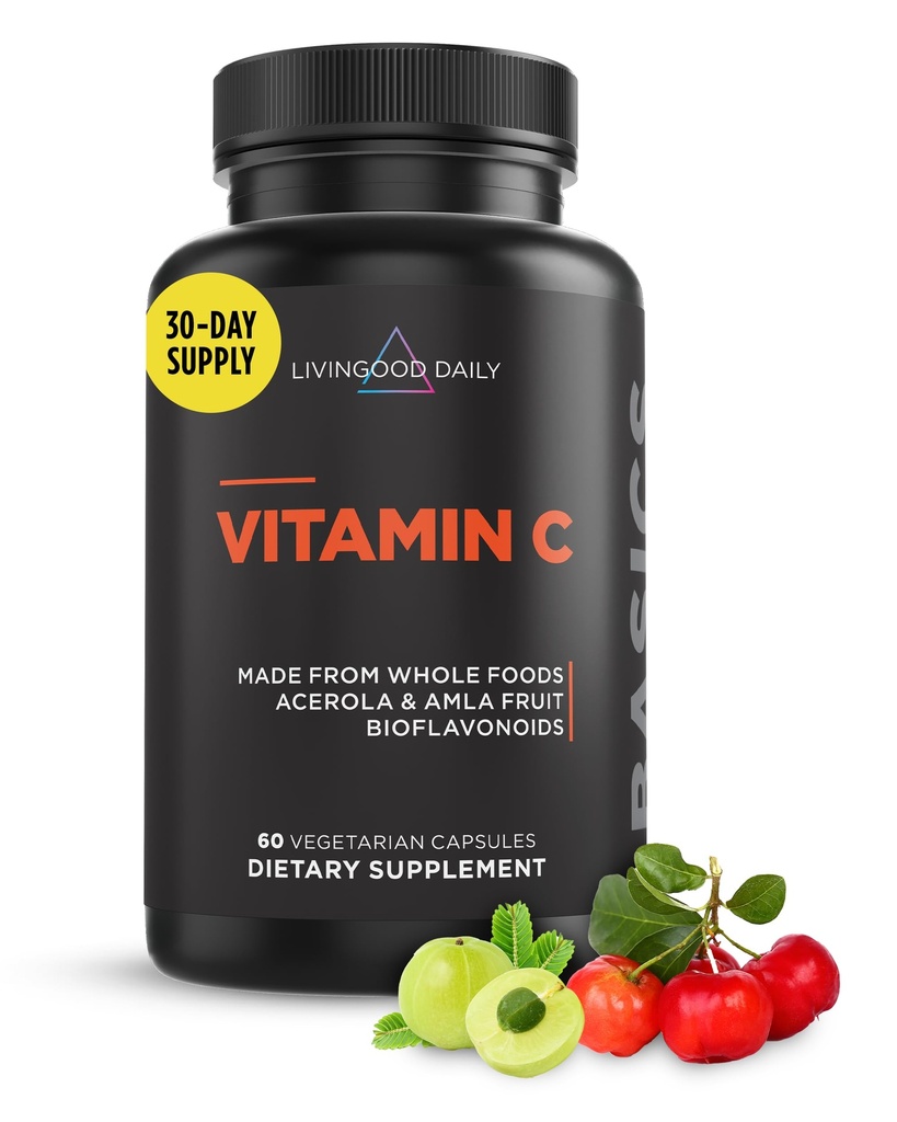 Livingood Daily Vitamin C tillæg, 3-in-1 Hele Food- baserede C vitamin med Acerola & Amla Frugt Ekstrakter og Citrus Bioflavonoider til immunforsvar, Vegan, Gluten Free, Ikke GMO, 60 kapsler
