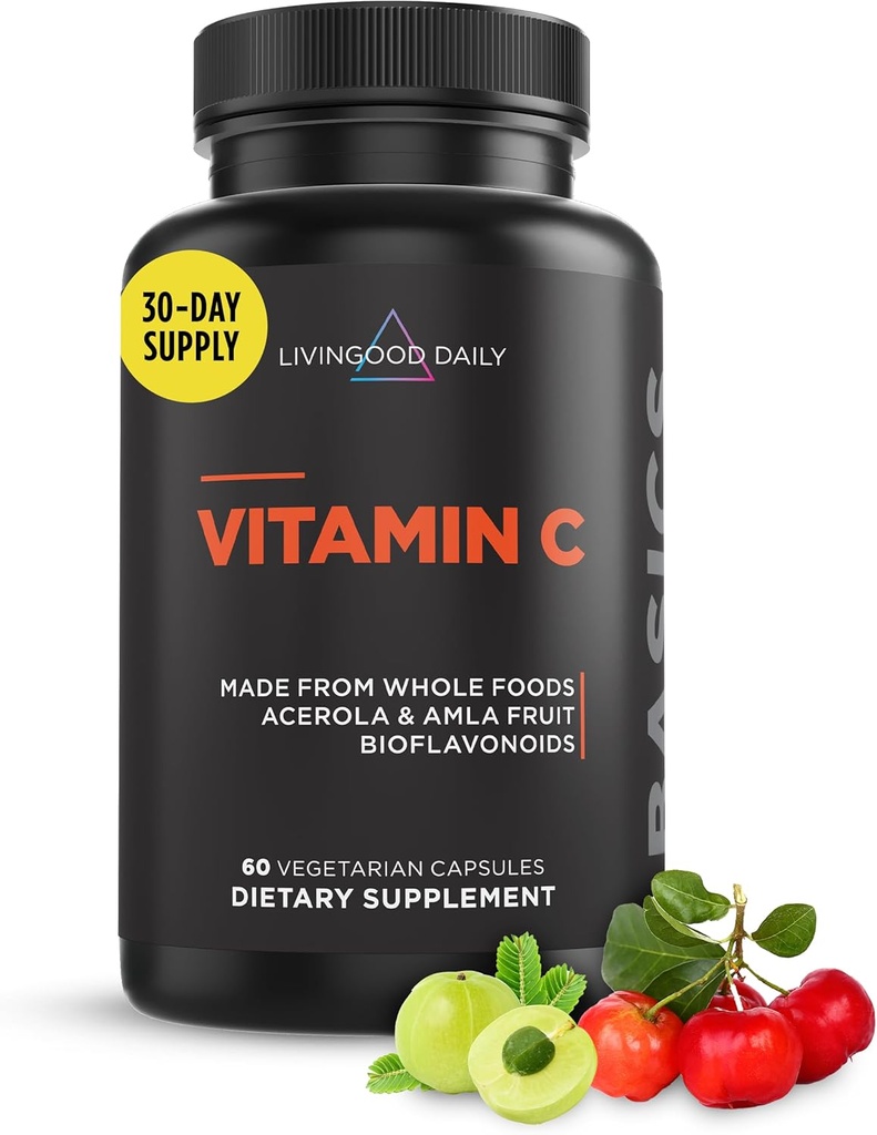 Livingood Daily Vitamin C tillæg, 3-in-1 Hele Food- baserede C vitamin med Acerola & Amla Frugt Ekstrakter og Citrus Bioflavonoider til immunforsvar, Vegan, Gluten Free, Ikke GMO, 60 kapsler