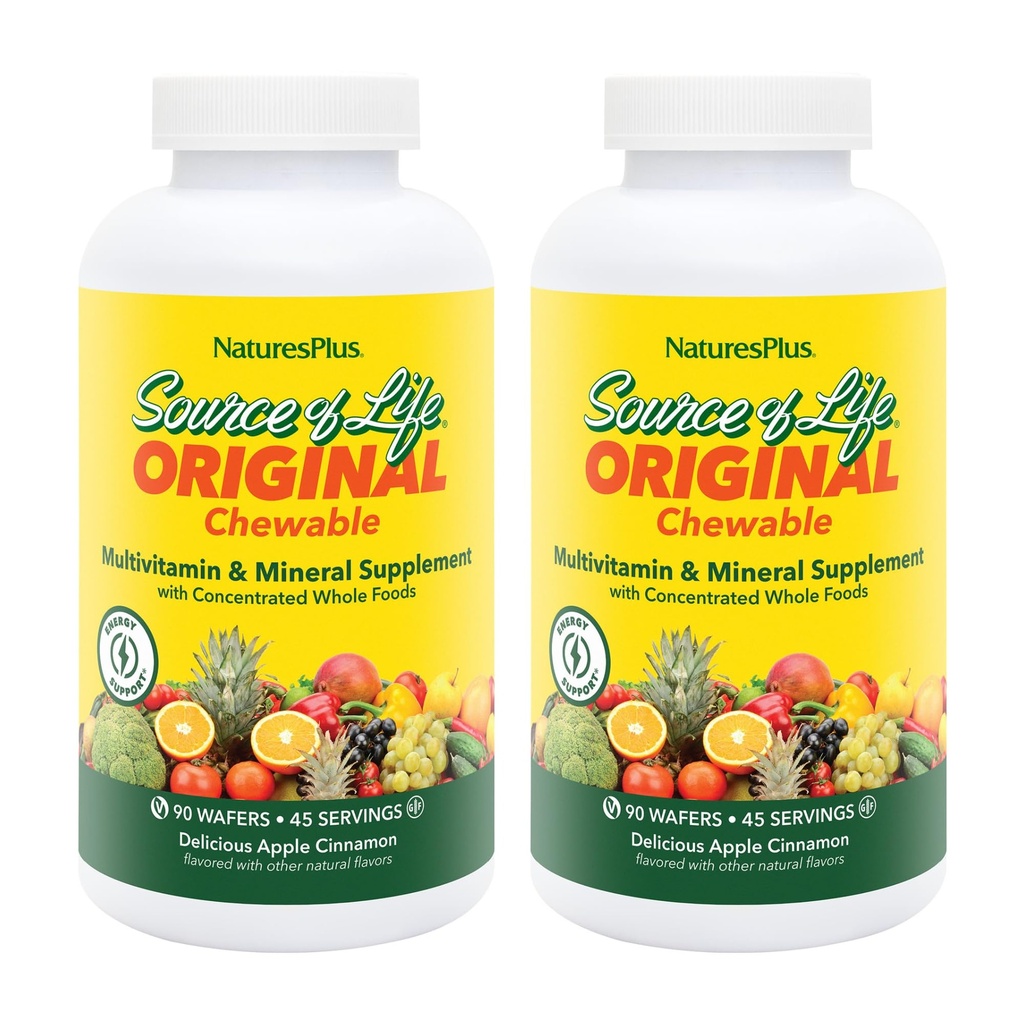 Natures Plus Kilde of Life Voksen 's Chewable, Apple Kanel - 90 Wafers, Pack of 2 - Multi- Vitamin & Mineral Supplement - Gluten Free, Vegetar - 90 Total Servering