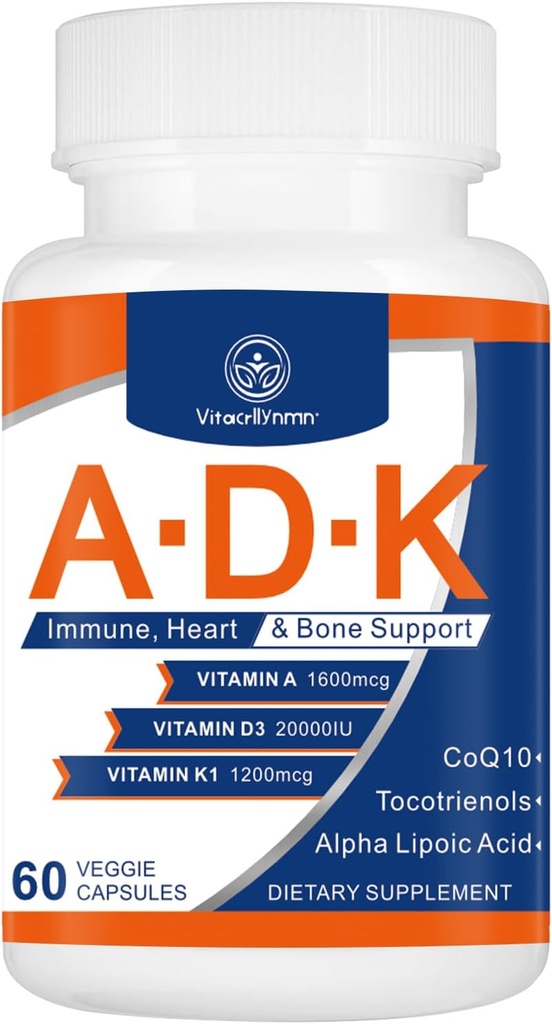 ADK vitamintilskud 20000 IE - højpotens Vitaminer A, D3 og K1 for hjerte, ben sundhed og immunforsvar Vitamin ADK 60 kapsler