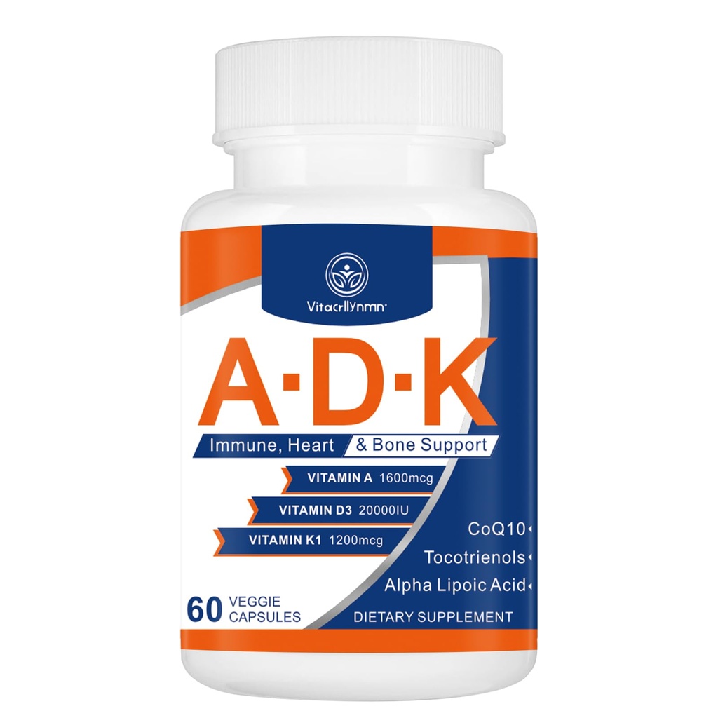 ADK vitamintilskud 20000 IE - højpotens Vitaminer A, D3 og K1 for hjerte, ben sundhed og immunforsvar Vitamin ADK 60 kapsler