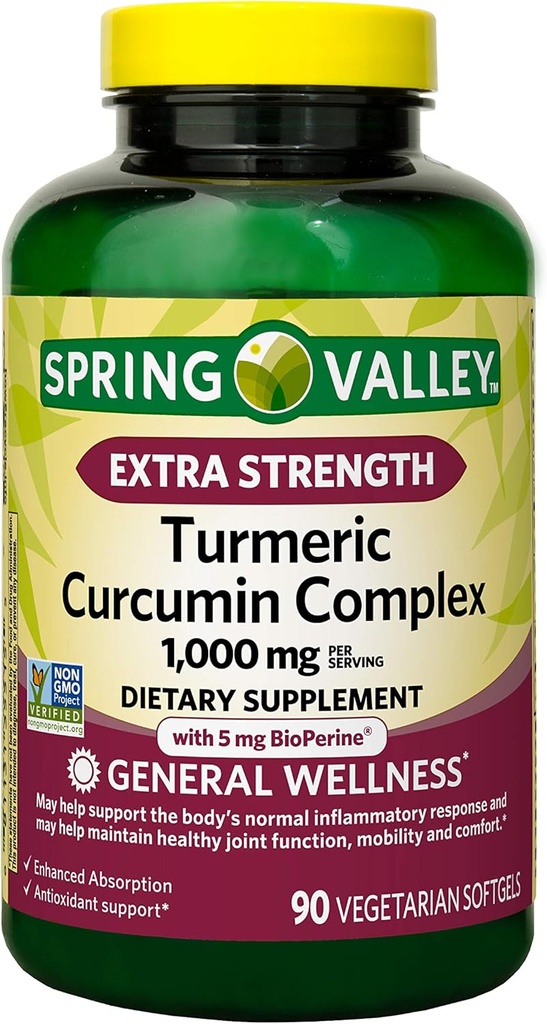 Spring Valley Ekstra Styrke Gurkemeje Complex Soft geler Kosttilskud, 1000 mg, 90 Tæl