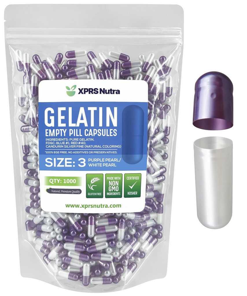 XPRS Nutra Størrelse 3 Tomme kapsler - 1000 Tomme Gelatine kapsler - Piller gør det - Pure Bovin Pill Gel Caps Fyldelig til Do- It- Yourself Vitamin og kosttilskud (Pearl Purple / White)