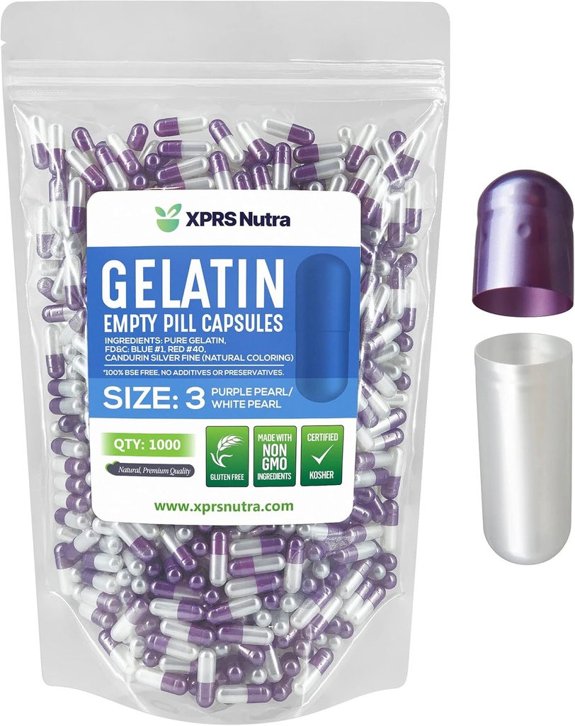 XPRS Nutra Størrelse 3 Tomme kapsler - 1000 Tomme Gelatine kapsler - Piller gør det - Pure Bovin Pill Gel Caps Fyldelig til Do- It- Yourself Vitamin og kosttilskud (Pearl Purple / White)