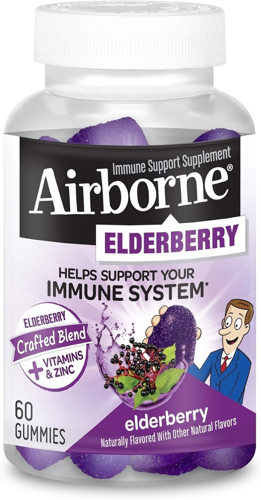 Airborne Elderberry + Zink & C-vitamin Gummies for voksne, immunsupportvitamin D & Zink Gummies med kraftfulde antioxidant vitaminer C D & E - 60 Gummies, Elderberry Flavor