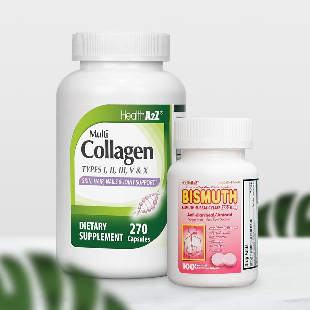 HealthA2Z ® Mega Savings Bundle - Bismuth Subsalicylat 262mg (100 tabletter) & Multi Collagen Pills, 1735 mg (270 kollagen kapsler)