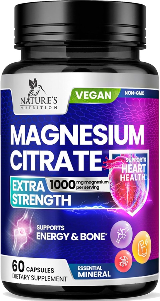 Magnesium Citrate Supplement Pills 1000mg - 3X Styrke Magnesium Kosttilskud til ben, muskel, hjerte, naturens søvn støtte til mænd og kvinder, Vegan Mag Mineral, Non- GMO, Flasket i USA, 60 kapsler