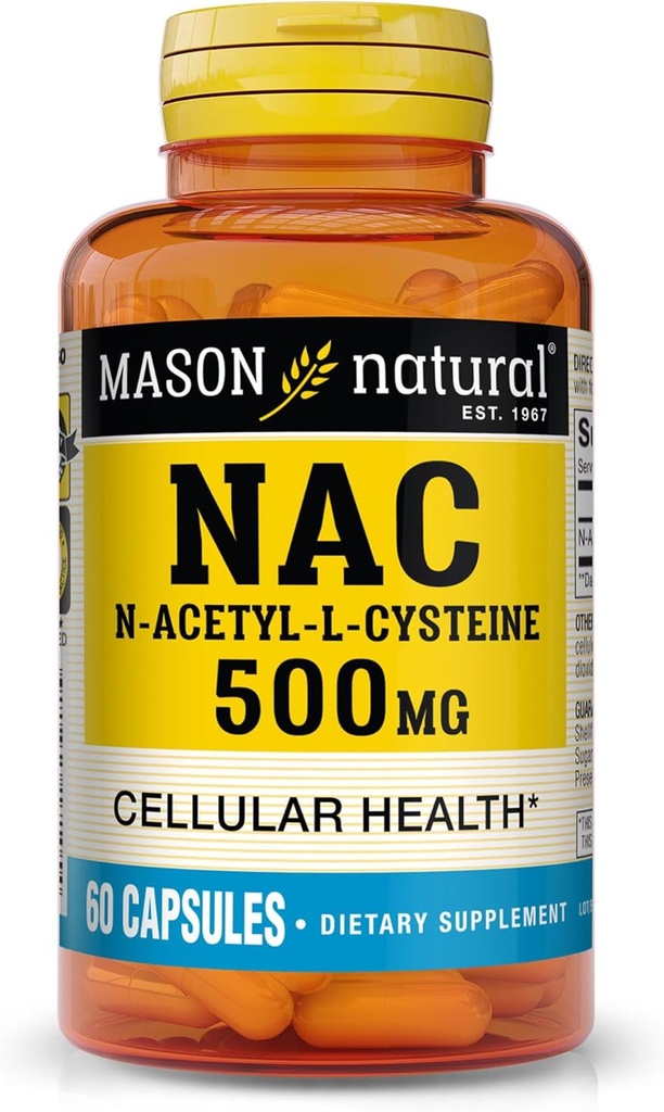 MASON NATURAL NAC N, Acetyl, L, Cysteine 500 mg, 2 Måned Supply, Understøtter Normal Cellular Health, Immunsystemet Booster for General Wellness, 60 Kapsler