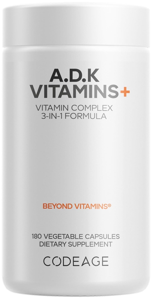Codeage ADK Vitamins Supplement - Essential Vitamin A, D3 5000 IU, K1 & K2 (MK4 & MK7) - 6-Month Supply - 1 Capsule per Serving, Non-GMO, Gluten-Free - 180 Capsules