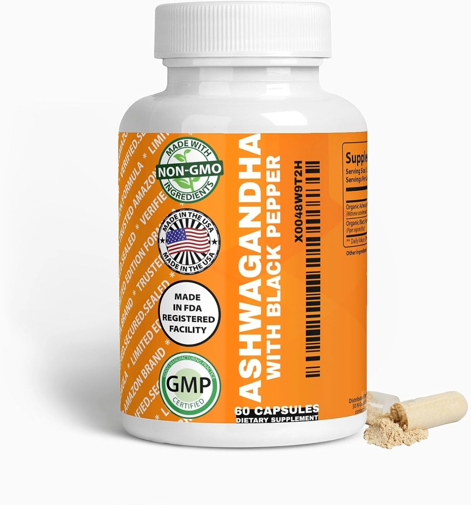 Generisk Organic Ashwagandha & Black Pepper Kapsler, 1300mg & 10mg, 60 Greve, Boost Immunitet & Mood naturligt