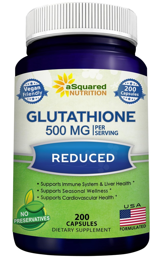 aSquared Nutrition Reduceret Glutathione 500 mg per servering supplement - 200 kapsler -L- Glutathion Antioxidant til at understøtte leversundhed & Detox - Max Strength Powder piller til at hjælpe immunforsvar & hjerne funktion