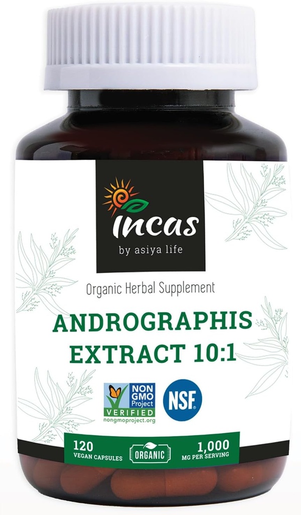 Incas Andrographis Capsules Max Andrografides - 1000 mg serveringsstørrelse (120 kapsler) - Klinisk undersøgt for immunsystemet sundhed & ikke GMO Verificeret af NSF