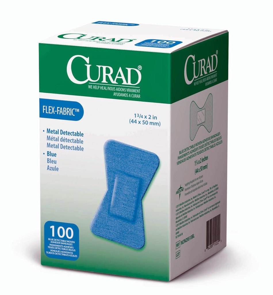 Curad Fingertip Adhesive Bandages, Food Service Blue Detectable Bandage, 100 Greve, Fingertip 1.75 "x 2" (Emballage kan variere)