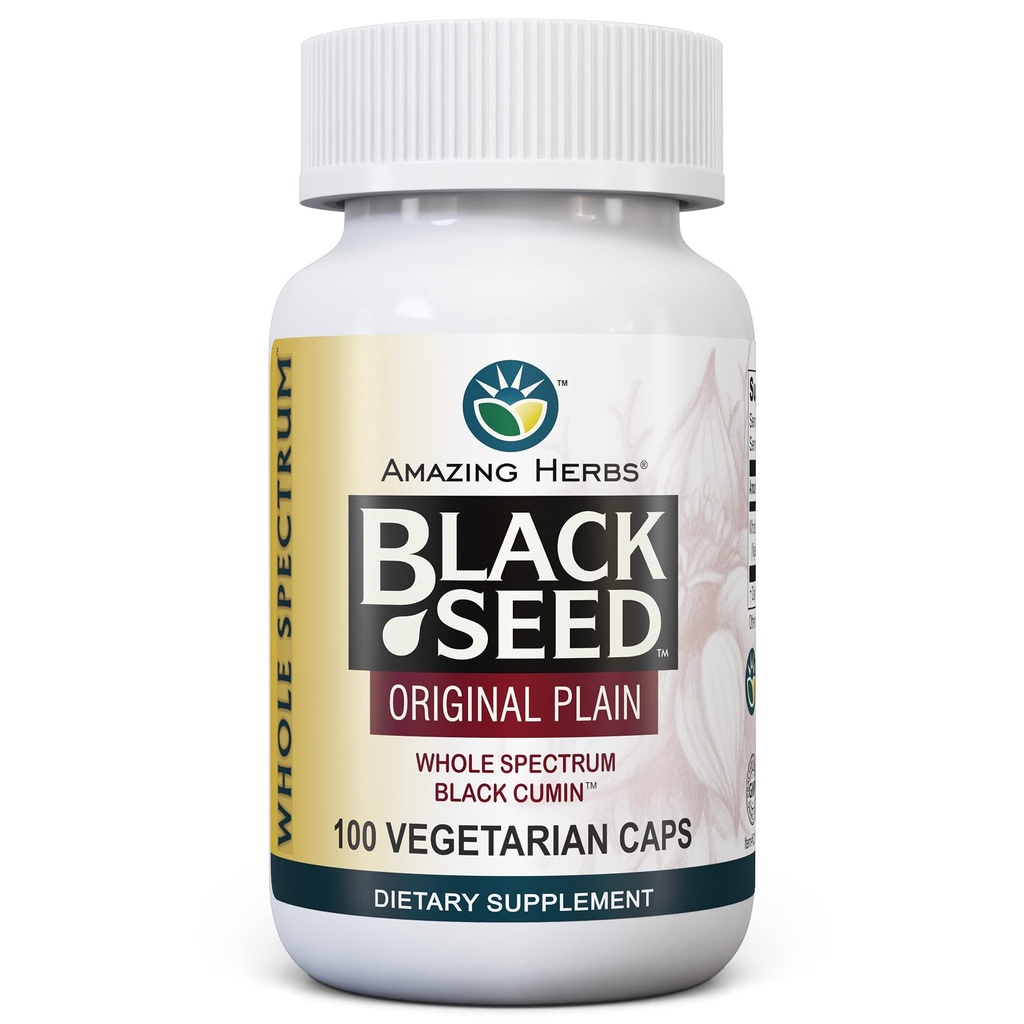 Amazing Herbs Whole Spectrum Black Seed Original Plain, Vegetariske Kapsler - Gluten Gratis, Ikke GMO, Cold Pressed Nigella Sativa Aids in fordøjelsessygdomme - 100 Greve, 475mg