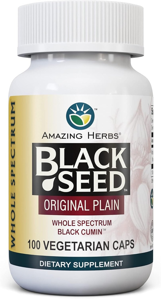 Amazing Herbs Whole Spectrum Black Seed Original Plain, Vegetariske Kapsler - Gluten Gratis, Ikke GMO, Cold Pressed Nigella Sativa Aids in fordøjelsessygdomme - 100 Greve, 475mg