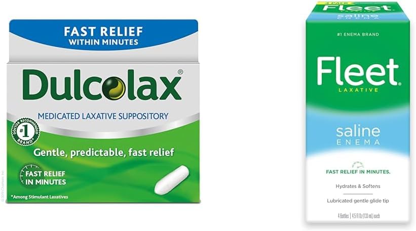 Dulcolax Fast Relief Medicin Laxative Suppositorier Fast Relief, Rektal Anvendelse Kun, Bisacodyl, 10 mg & Fleet Laxative Saline Enema for Adult Constipation, 4.5 fl oz, 4 flasker