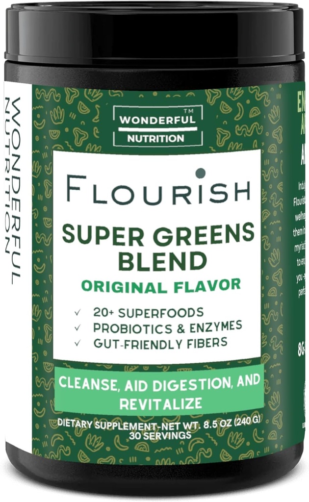 Flourish Super Green. Green Powder Mix for Energy, med Chlorella Organic Spirulina, Beet Root Powder, Enzymes & Probiotika, Original, 30 Servere