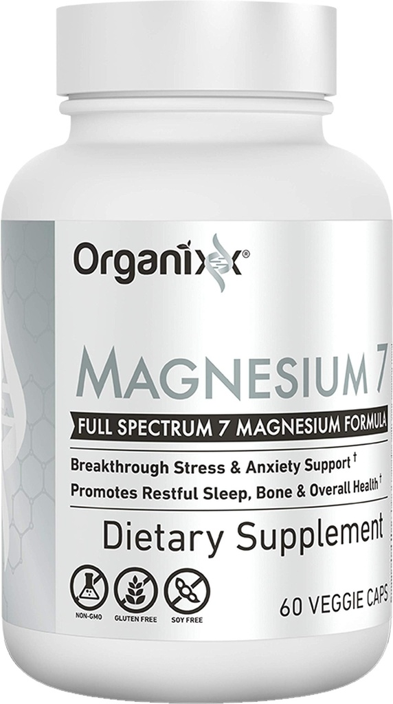 Organixx Magnesium Glycinat supplement til støtte søvn, muskel & hjerte sundhed, 7 Type Magnesium kompleks med B6-vitamin, mangancitrat, gluten fri, Vegan, ikke GMO, høj absorption, 60 kapsler