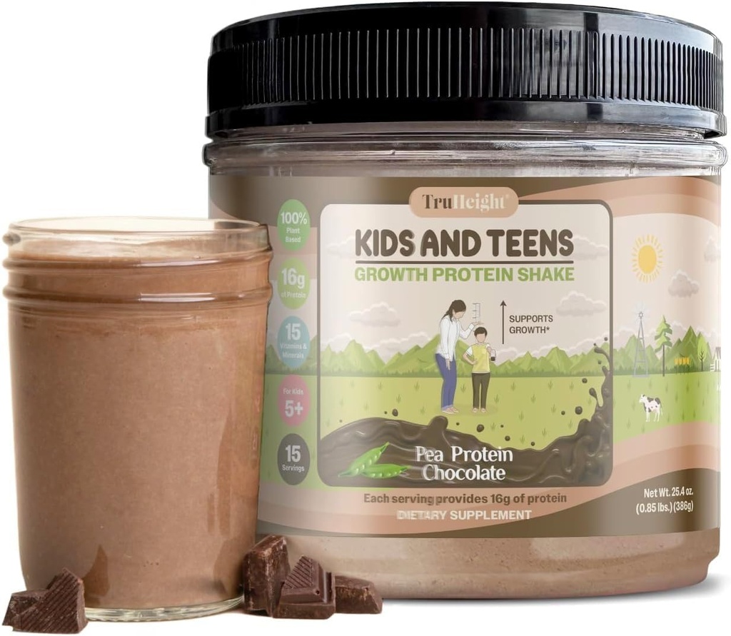 Truhigh Growth Protein Shake (Chocolate Milk Flavor, Plant) Natural Growth & Development Protein Powder for Kids & Teens - Vægt Gain Drinks, Udtalelse af Pediatricians, Picky Eater Vitamin, alder 5 +