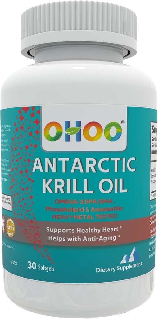 OHOO Antarktiske krill Oil 500mg Omega-3 EPA & DHA Supplement, Phopholipids, Antioxidant Astaxanthin, Understøtter sundt hjerte og anti-aging supplement med ingen Fishy Aftersmage, 30 Softgels