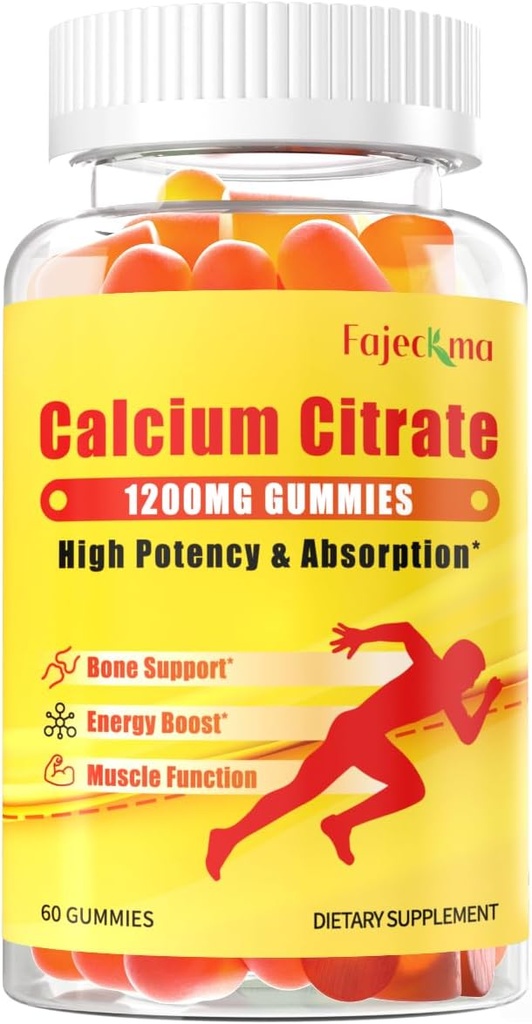 1200mg Calcium Citrate Gummies for Adult: Sugar Free Vegan Vitamin Supplement med D3 K2 - Kvinder Mænd Høj Absorption Supplement for Knogletænder (60 Greve (pakke med 1))