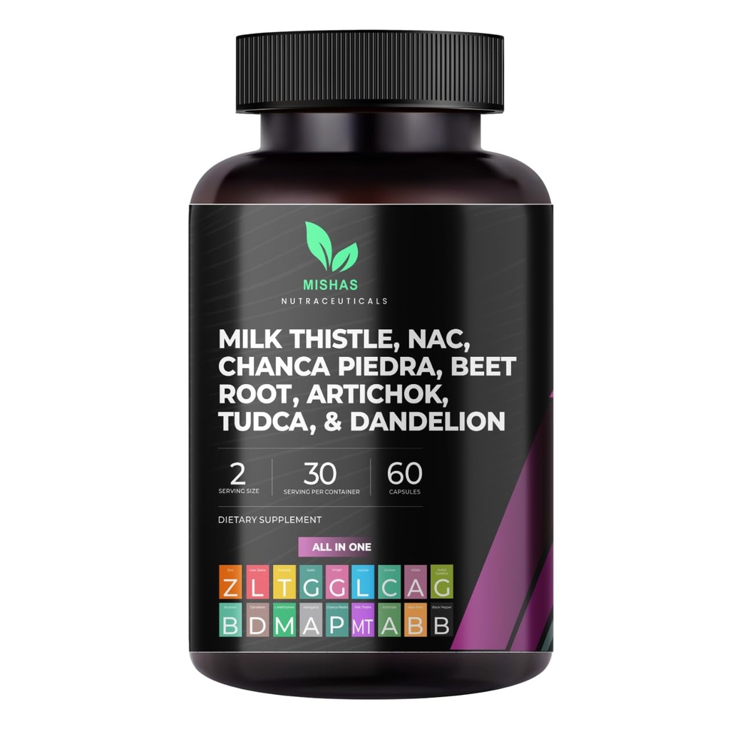 Mishas Nutracatives Milk Thistle Dandelion Root, NAC og TUDCA Supplement - Understøtter leversundhed, leverrensning Detox, Nyre og respiratorisk sundhed & fordøjelsessystem - 60 Veganske kapsler