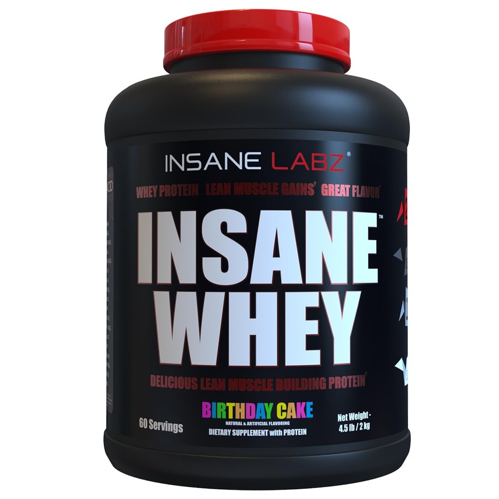 Insane Labz Insane Whey, 100% Muscle Building Whey Protein, Post Workout, BCAA Amino Profile, Mass Gainer, Meal Erstatning, 5lbs, 60 Srvgs, (Fødselsdagskage)