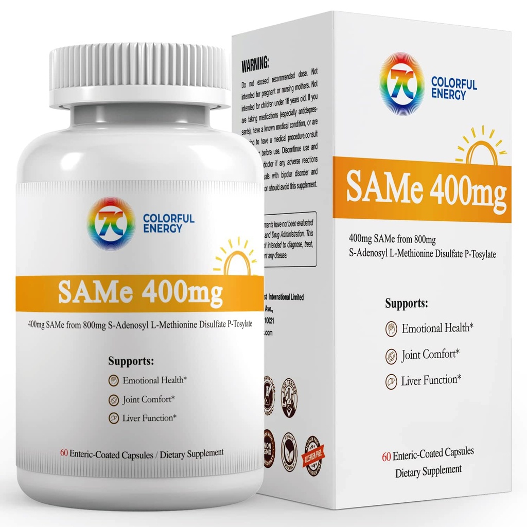 7c Sam e 400mg Supplement (S- Adenosylmethionin), B6-vitamin, B12 Tilføjet til at forbedre sam- e effektivitet, kød og fælles komfort, Vegan, Non- GMO, Gluten- fri, 60 Enteric Coated Kapsler