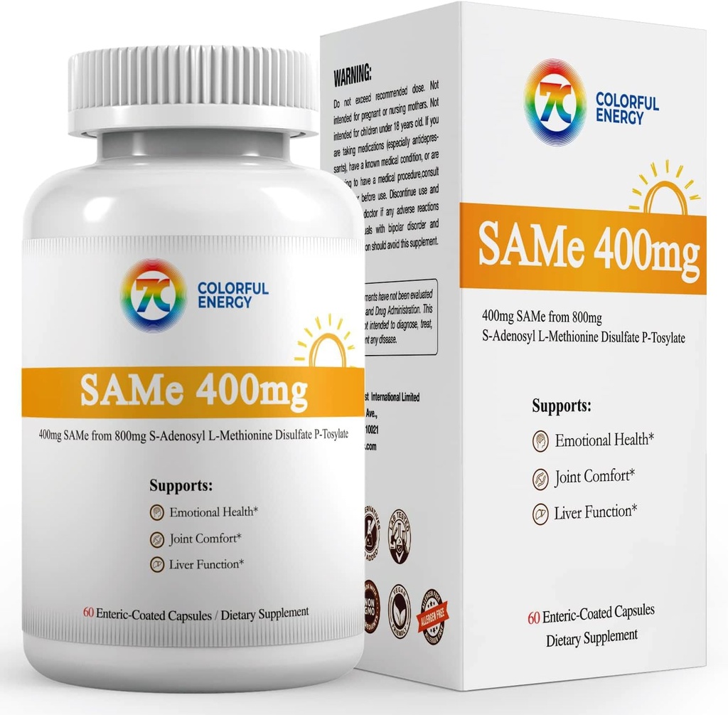 7c Sam e 400mg Supplement (S-Adenosylmethionine), Vitamin B6, B12 Added to Enhance Sam-e Effectiveness, Mood and Joint Comfort, Vegan, Non-GMO, Gluten-Free, 60 Enteric Coated Capsules