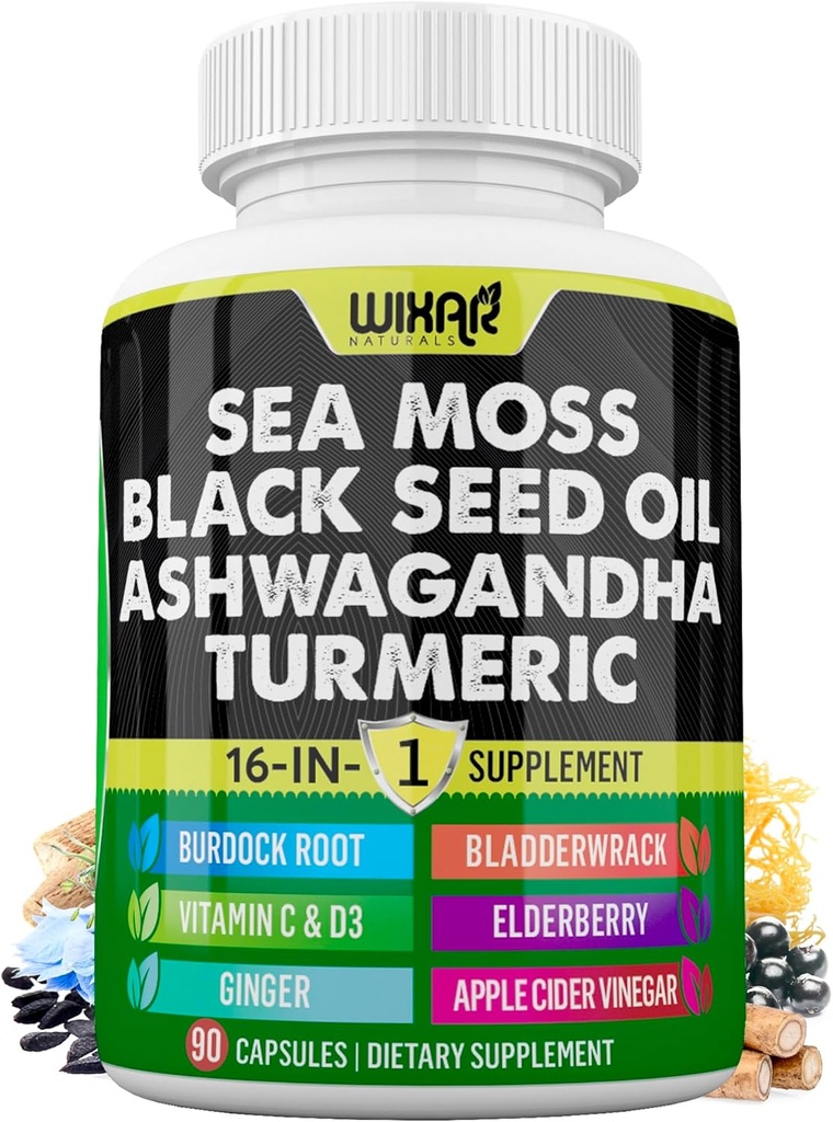 Wixar Sea Moss 3000mg Black Seed Oil 2000mg Ashwagandha 1000mg Gurkemeje 1000mg Bladerwrack 1000mg Burdock 1000mg & C & D3-vitamin med Elderberry Mælkebøtte Gul Dock Chlorophyll ACV - 90 kapsler