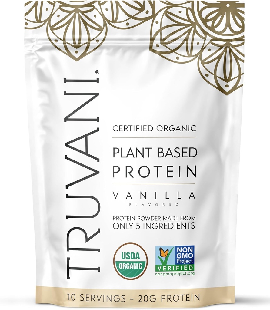 Truvani Vegan Pea Protein Powder • 124; Vanilla • 124; 20g Organic Plant Protein • 124; 10 Servering • 124; Keto • 124; Gluten & Dairy Free • 124; Lav Carb • 124; Ingen tilsat sukker