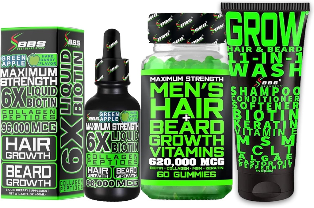 Beard Growth Kit w / Grow 11- in-1 Hårvækst Shampoo for mænd & Conditioner w / Biotin + Beard Growth Vitaminer & Hårvækst Vitaminer for mænd + 6X Flydende biotin med kollagen - Formuleret i Amerika