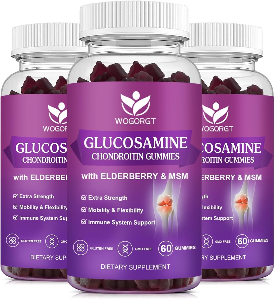 Glucosamin Chondroitin Gummies med MSM & Elderberry - 150 mg Glucosamin Chondroitin Gummies Supplement for fleksibilitet og immunforsvar til mænd og kvinder, 60 Gummies (3 Pack)