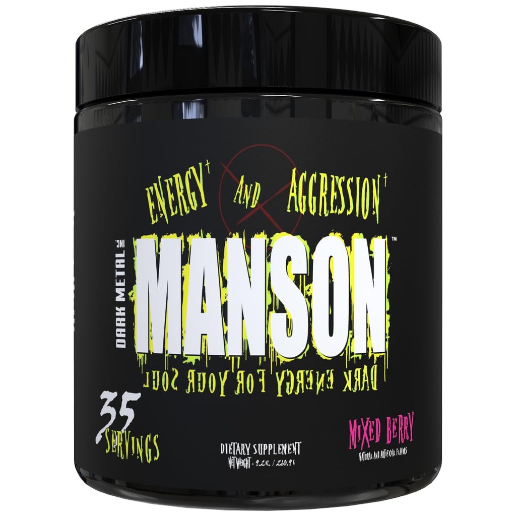 DARK METAL Inc Manson High Stim Pre Workout Powder, Energy Focus Strength, Loaded with Beta Alanine L Carnitin Coffein Infinergy, 35 Srvgs, Blandet Berry