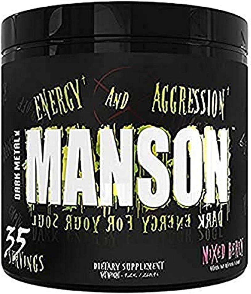 DARK METAL Inc Manson High Stim Pre Workout Powder, Energy Focus Strength, Loaded with Beta Alanine L Carnitin Coffein Infinergy, 35 Srvgs, Blandet Berry