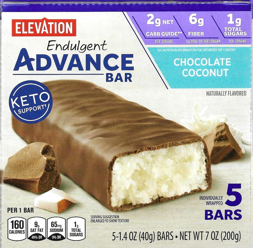Millville Elevation Advance Chocolate Coconut Bars, Carb Conscious, 5g protein, med opskrifter. En kasse med 5, 1,4oz individuelt indpakkede Barer. Bundle indeholder 2 opskrifter, 5 barer.