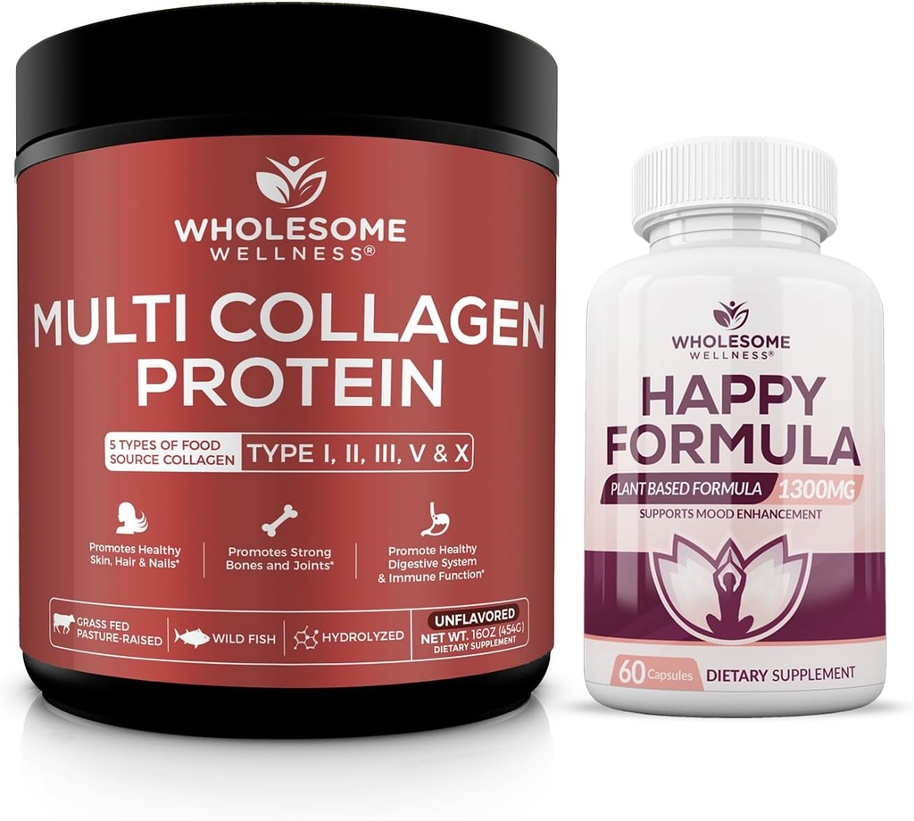 Grossic Wellness Multi Collagen Protein Powder Hydrolyzed (Type I II III V X) Happy Formel Natural Stress Formel Relief Supplement Bundle