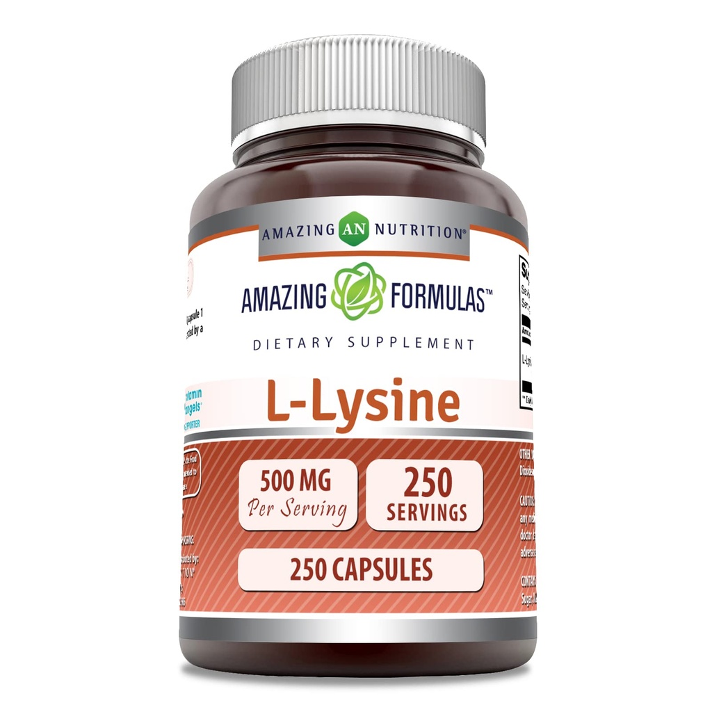Amazing Formulas L- Lysin 500 Mg Amino Acid Supplement- 124; Kapsler - 124; Non- GMO - 124; Gluten- fri - 124; Fremstillet i USA (1 pakke - 124; 250 Tæl)